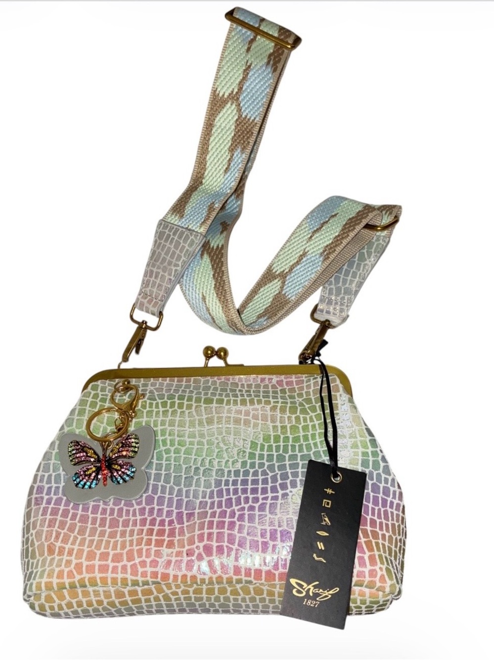 NWT Sharif Iridescent Kisslock metallic butterfly charm crossbody/shoulder bag